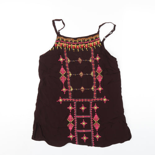 Monsoon Womens Brown Geometric Viscose Camisole T-Shirt Size 10 Round Neck - Beaded