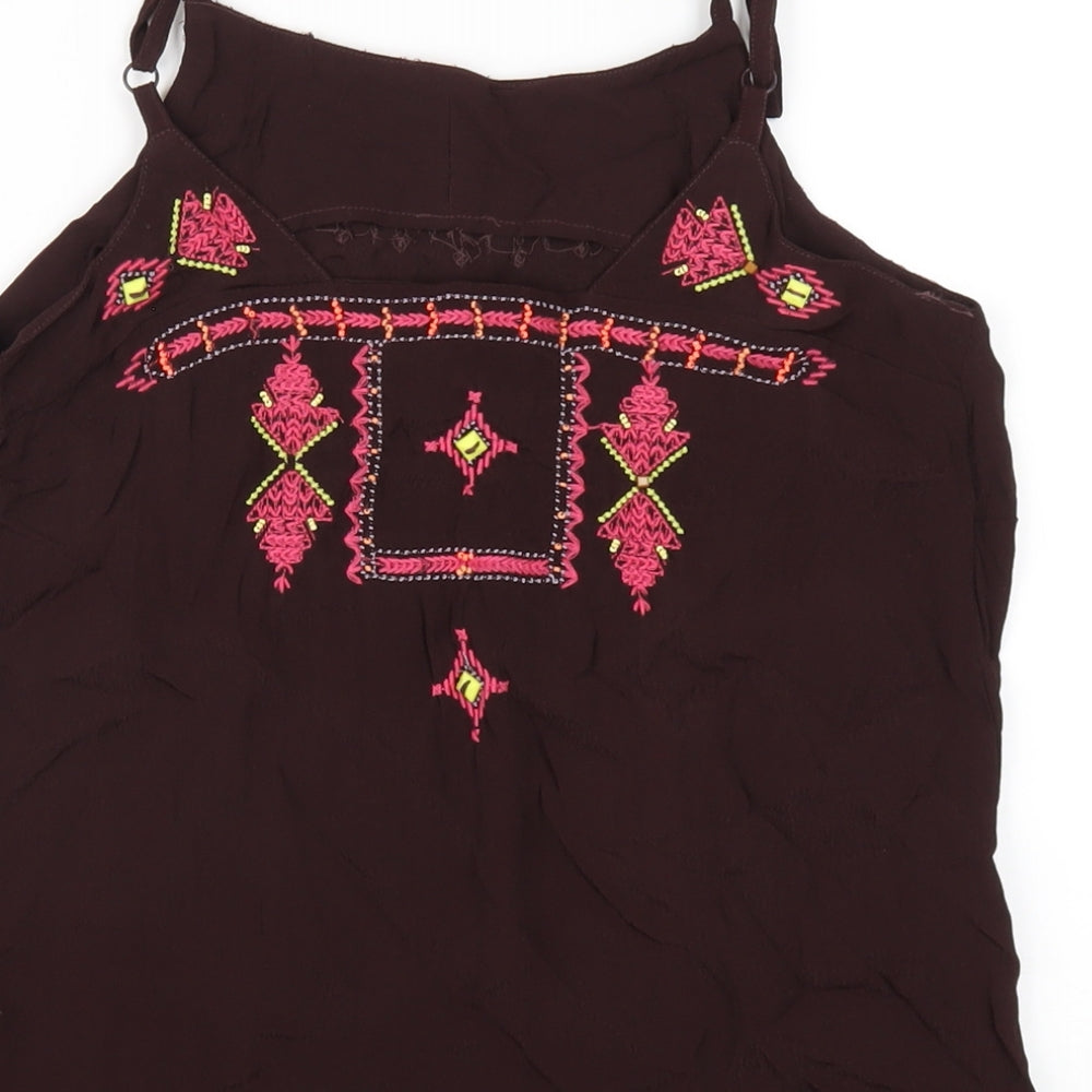 Monsoon Womens Brown Geometric Viscose Camisole T-Shirt Size 10 Round Neck - Beaded