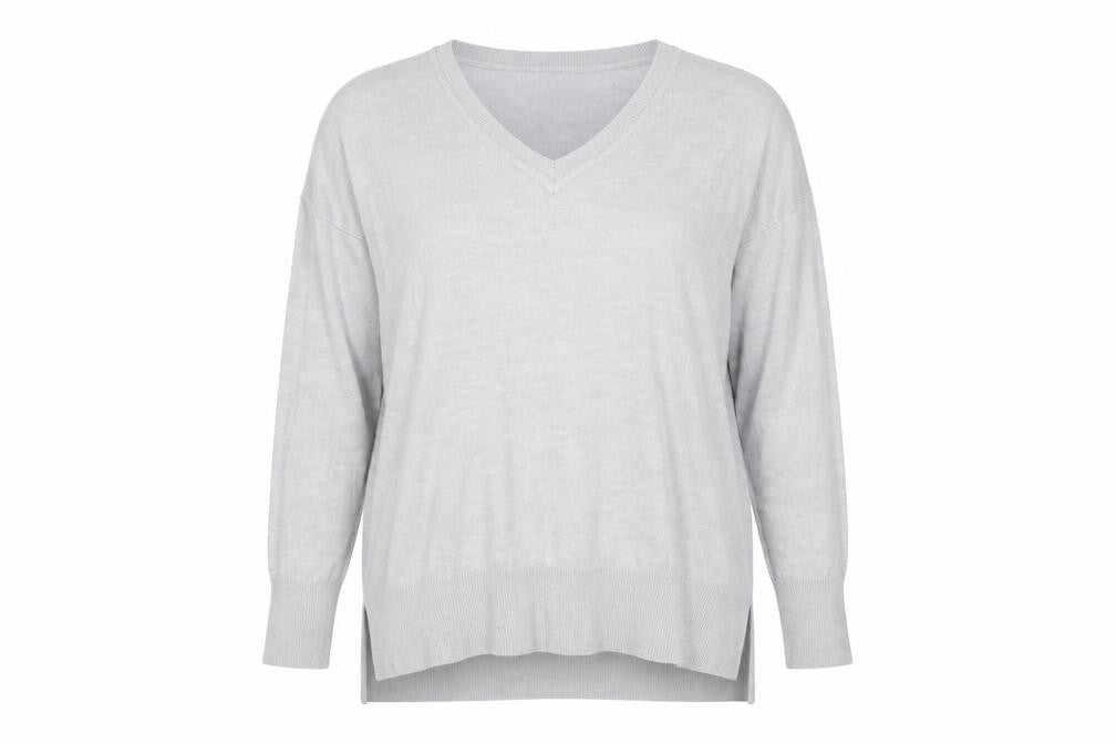 Front view of Dorothy Perkins women’s grey v-neck acrylic jumper, size UK 14