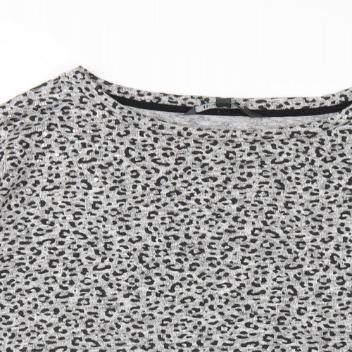 Bonmarché Womens Grey Animal Print Viscose Basic T-Shirt Size 14 Round Neck