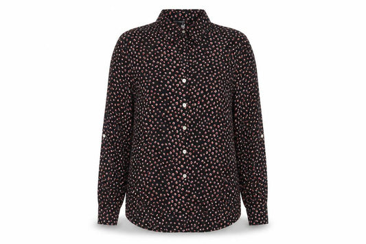 Front view of Next women’s black geometric viscose basic button-up, size UK 10, collared