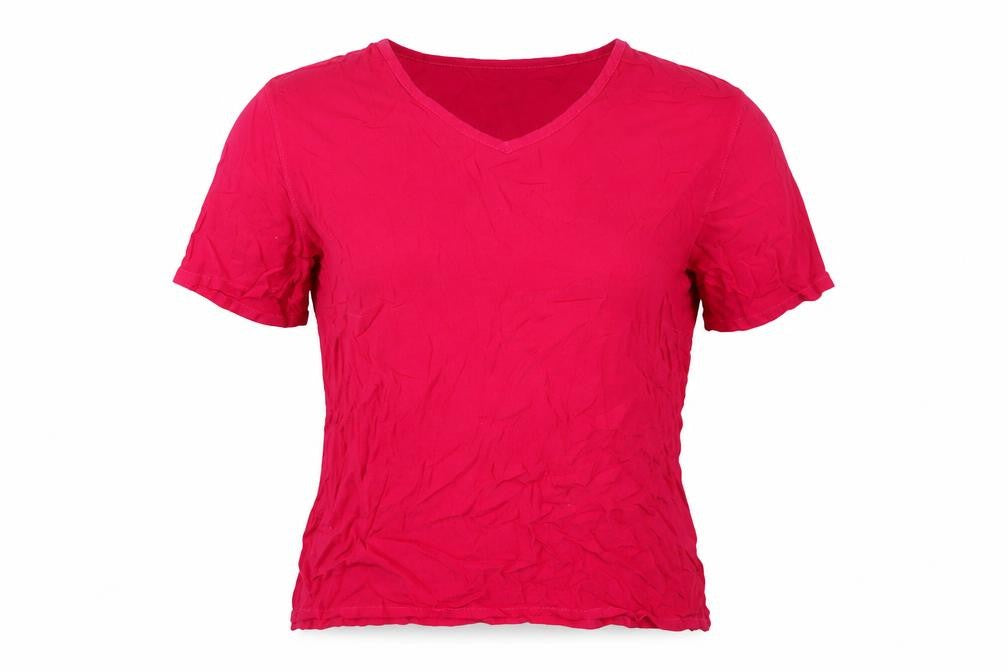 Front view of Marks & Spencer women’s pink viscose basic t-shirt, size UK 12, v-neck