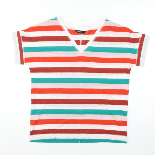 Marks and Spencer Womens Multicoloured Striped Linen Basic T-Shirt Size 8 V-Neck
