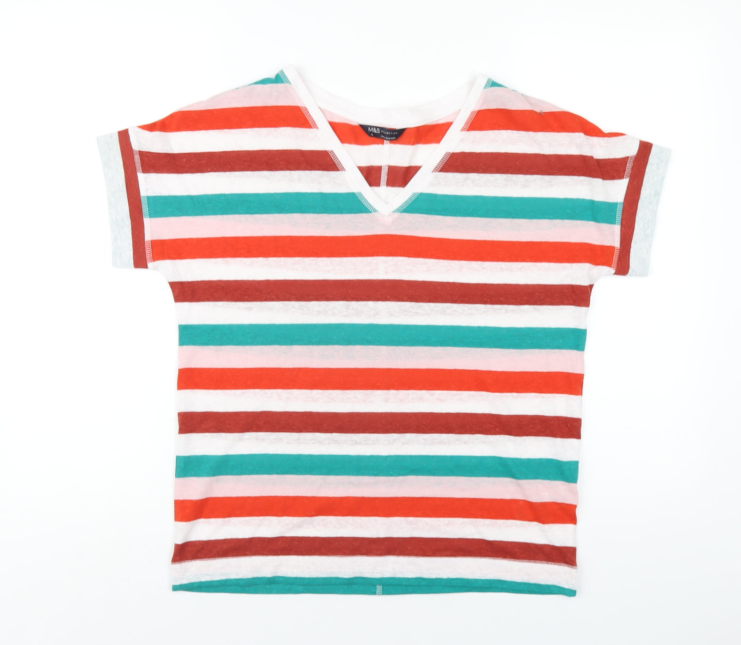 Marks and Spencer Womens Multicoloured Striped Linen Basic T-Shirt Size 8 V-Neck