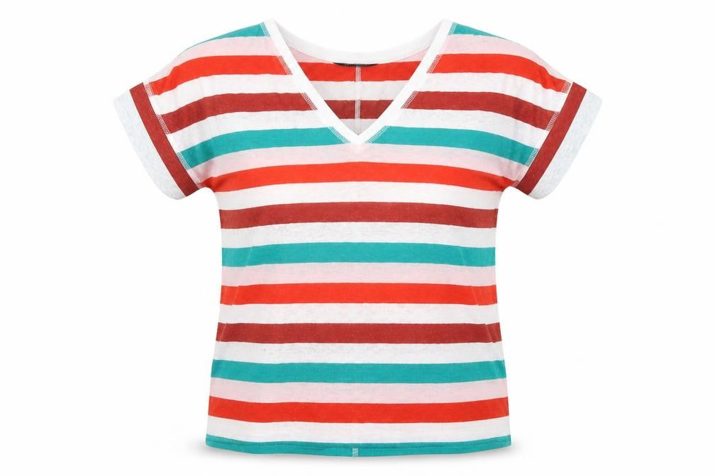 Front view of Marks & Spencer women’s multicoloured striped linen basic t-shirt, size UK 8, v-neck