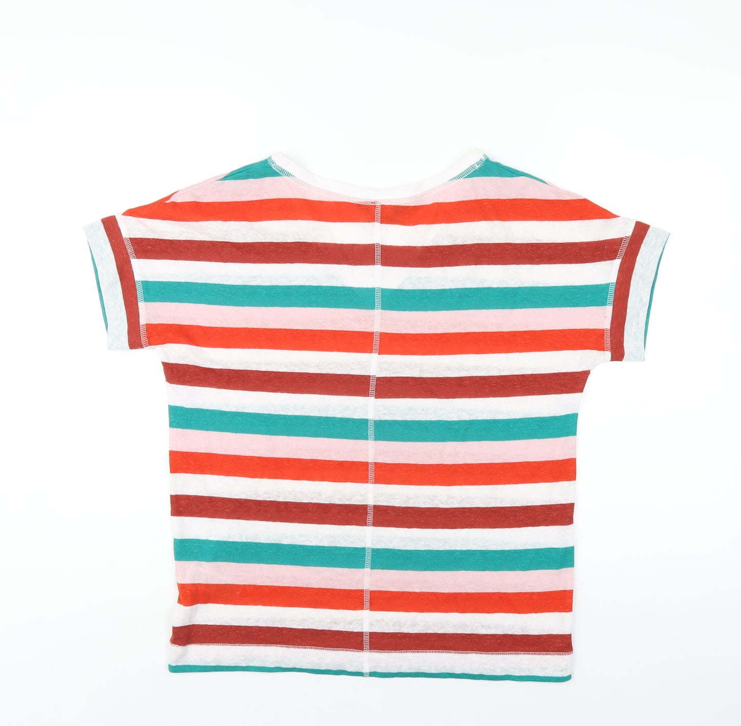 Marks and Spencer Womens Multicoloured Striped Linen Basic T-Shirt Size 8 V-Neck