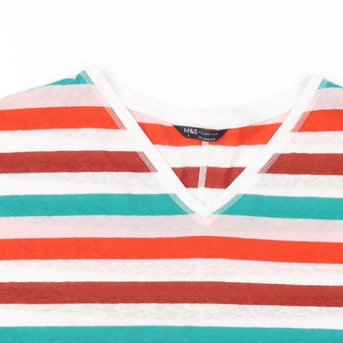 Marks and Spencer Womens Multicoloured Striped Linen Basic T-Shirt Size 8 V-Neck