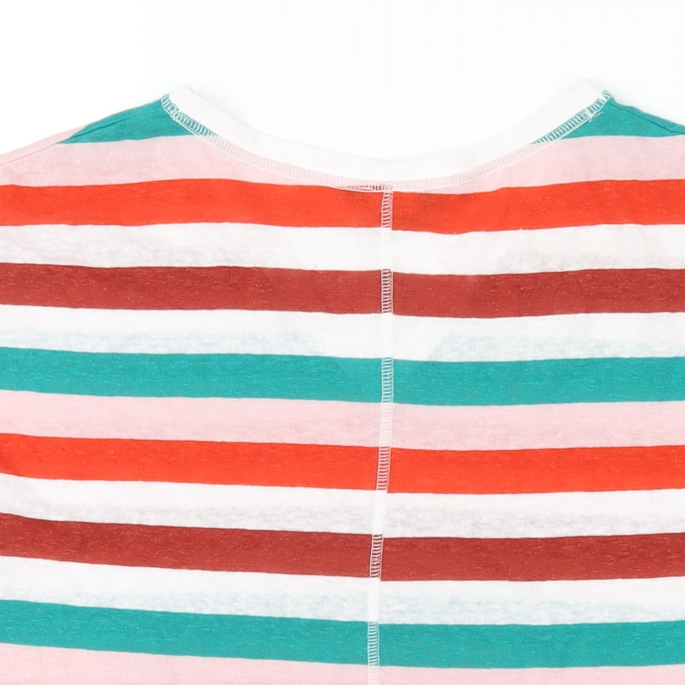 Marks and Spencer Womens Multicoloured Striped Linen Basic T-Shirt Size 8 V-Neck