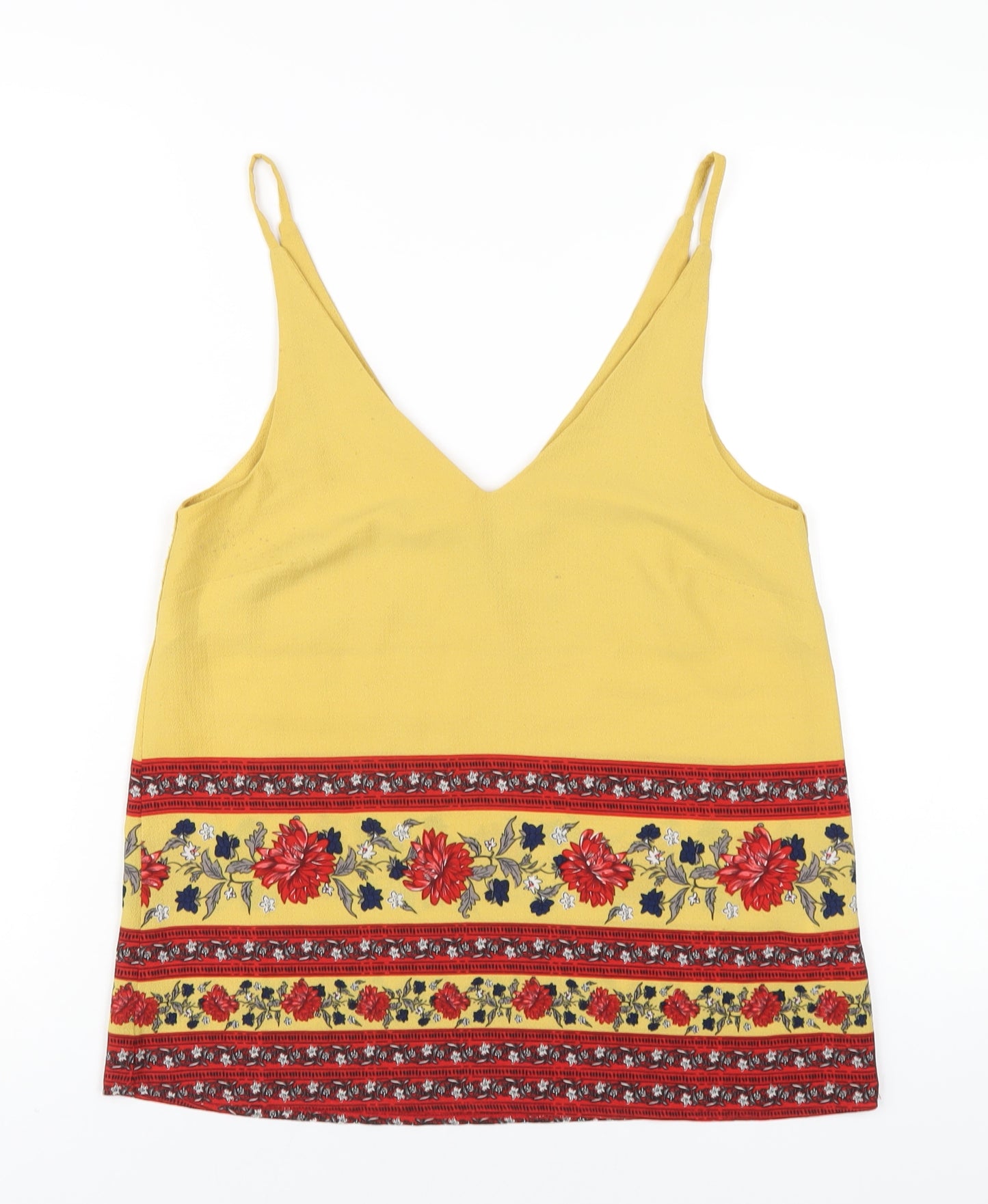 New Look Womens Yellow Geometric Polyester Camisole T-Shirt Size 8 V-Neck