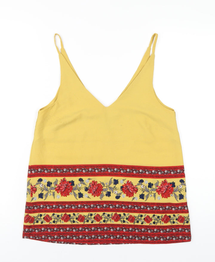 New Look Womens Yellow Geometric Polyester Camisole T-Shirt Size 8 V-Neck