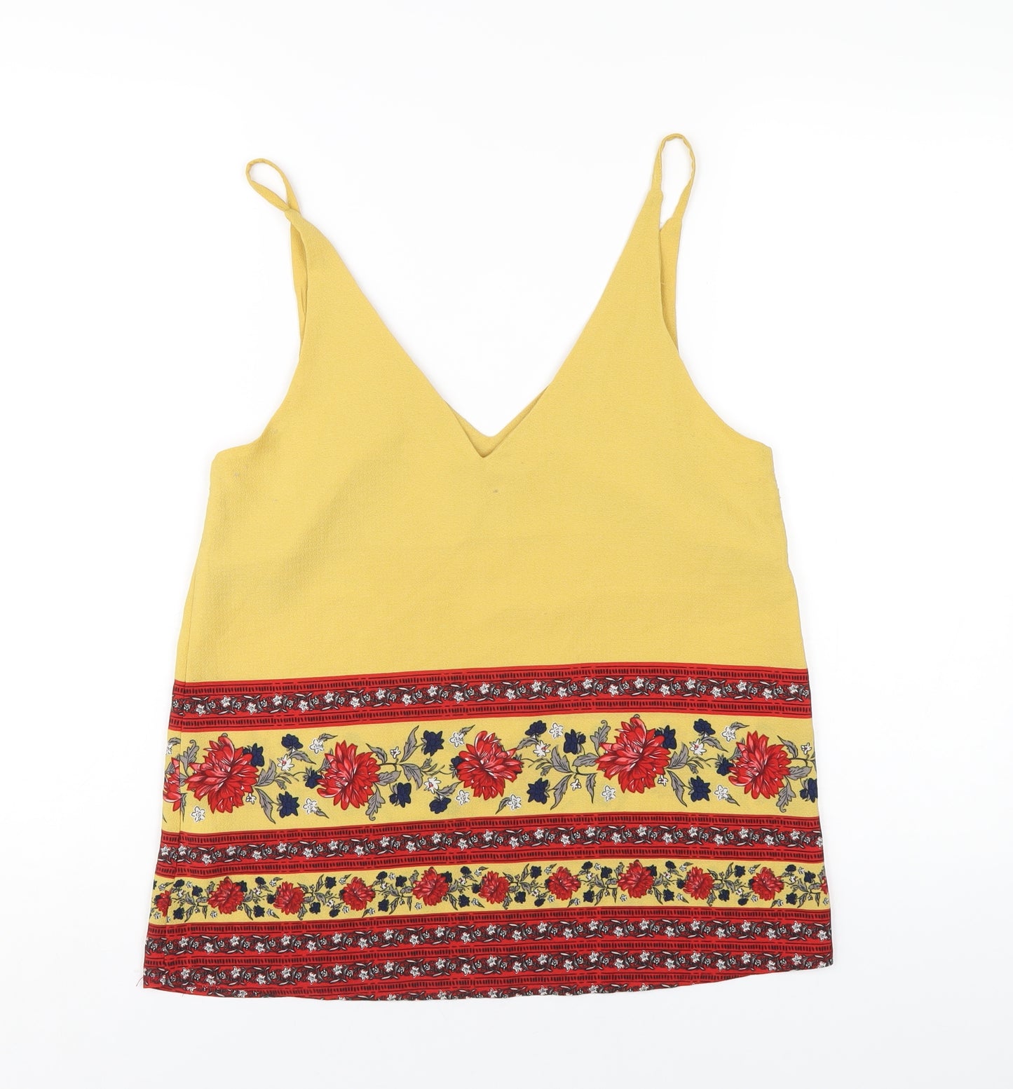 New Look Womens Yellow Geometric Polyester Camisole T-Shirt Size 8 V-Neck