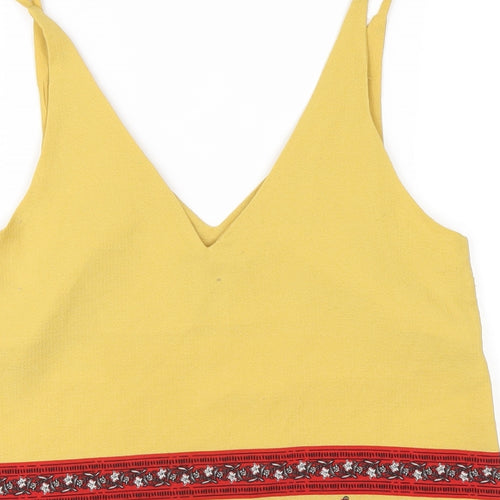 New Look Womens Yellow Geometric Polyester Camisole T-Shirt Size 8 V-Neck