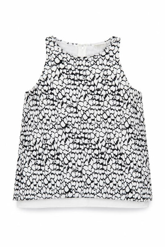 Front view of Dalia women’s white geometric polyester basic tank, size S, round neck