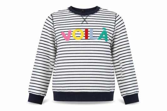 Front view of M&Co women’s blue striped polyester pullover sweatshirt, size UK 8, pullover