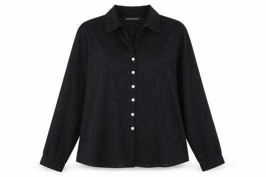Front view of Jessica Holbrook women’s black polyester basic button-up, size XL, collared