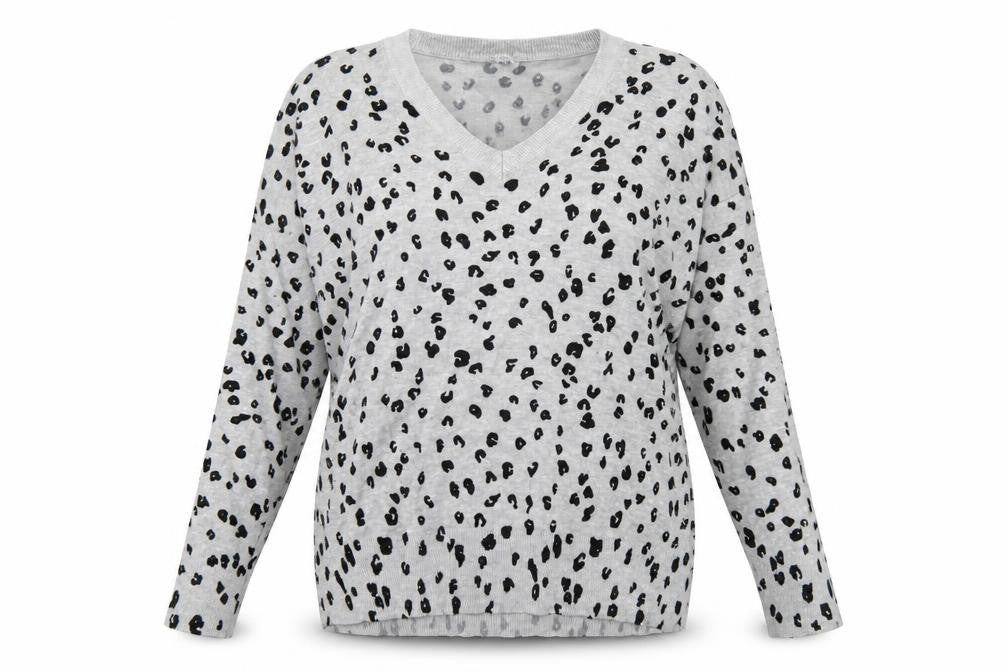 Front view of Capsule women’s grey v-neck animal print viscose jumper, size UK 16