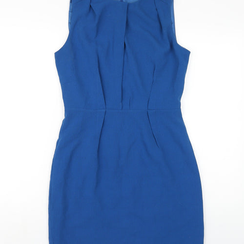 Warehouse Womens Blue Polyester Pencil Dress Size 12 Round Neck Zip