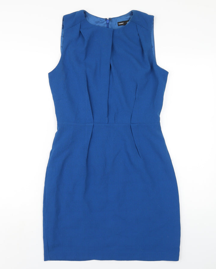 Warehouse Womens Blue Polyester Pencil Dress Size 12 Round Neck Zip