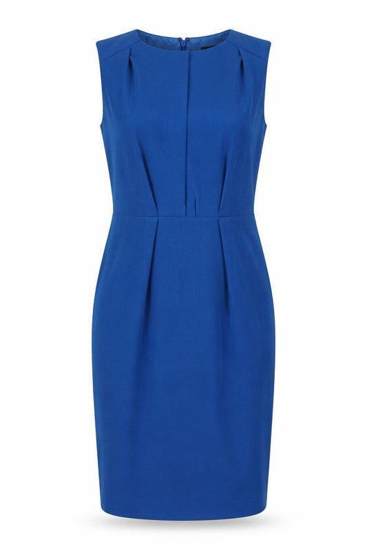 Front view of Warehouse women’s blue polyester pencil dress, size UK 12, round neck zip