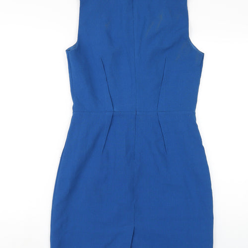 Warehouse Womens Blue Polyester Pencil Dress Size 12 Round Neck Zip