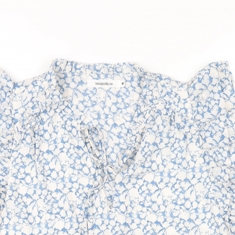 Majolica Womens Blue Geometric Polyester Basic Blouse Size M V-Neck
