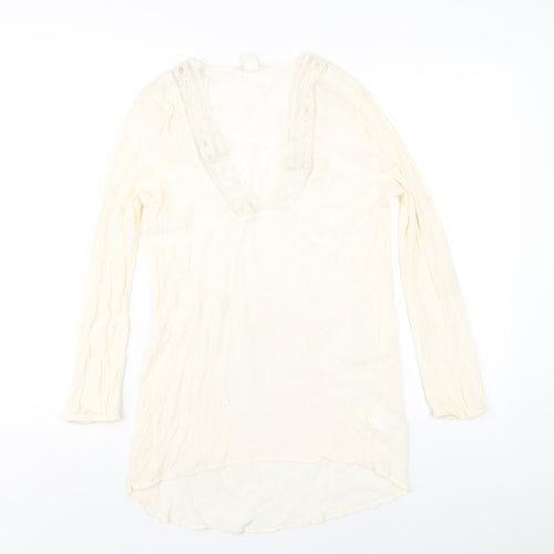 H&M Womens Ivory Viscose Basic T-Shirt Size 8 V-Neck