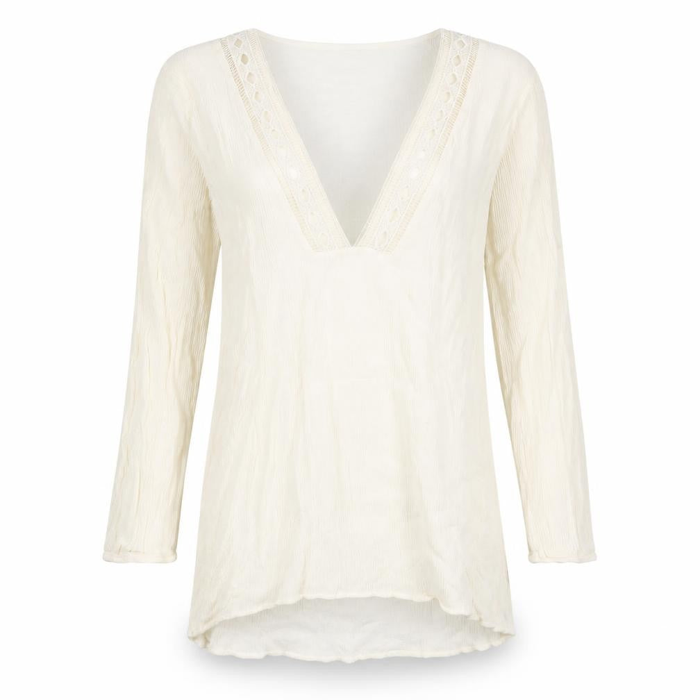 Front view of H&M women’s ivory viscose basic t-shirt, size UK 8, v-neck