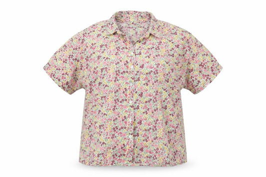 Front view of Amber women’s multicoloured floral cotton basic button-up, size UK 14, collared