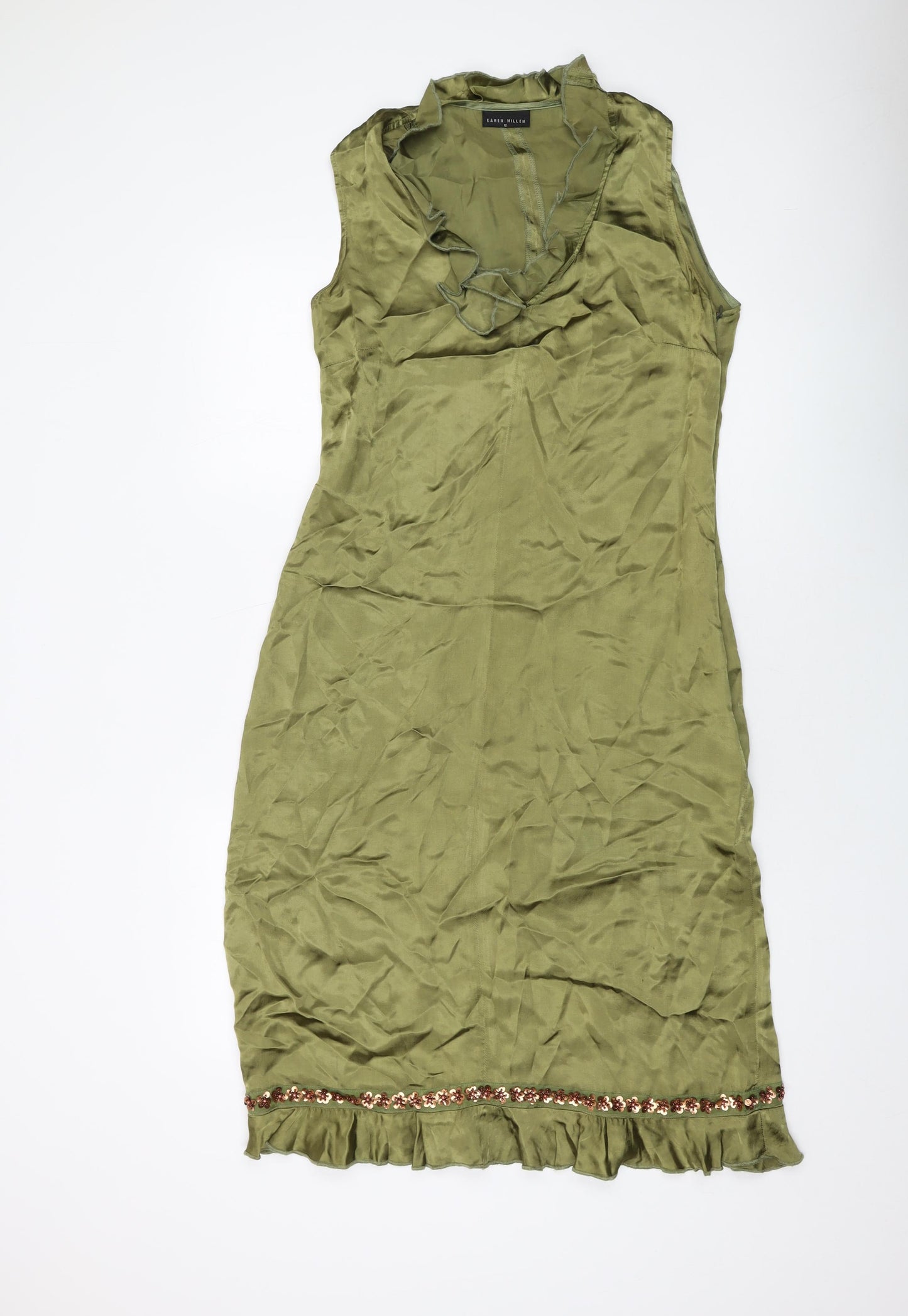 Karen Millen Womens Green Viscose A-Line Size 12 V-Neck Zip