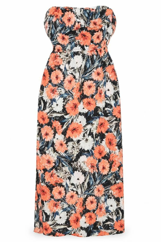 Front view of Miss Selfridge women’s multicoloured floral viscose maxi, size UK 10, square neck pullover