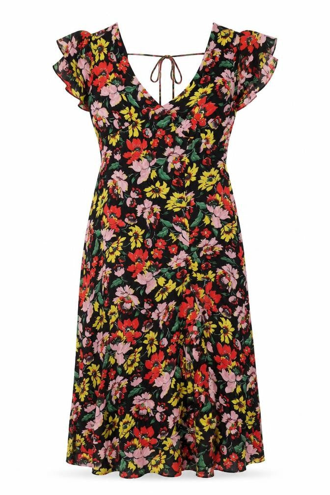 Front view of Topsho[p women’s multicoloured floral polyester a-line, size UK 14, v-neck zip