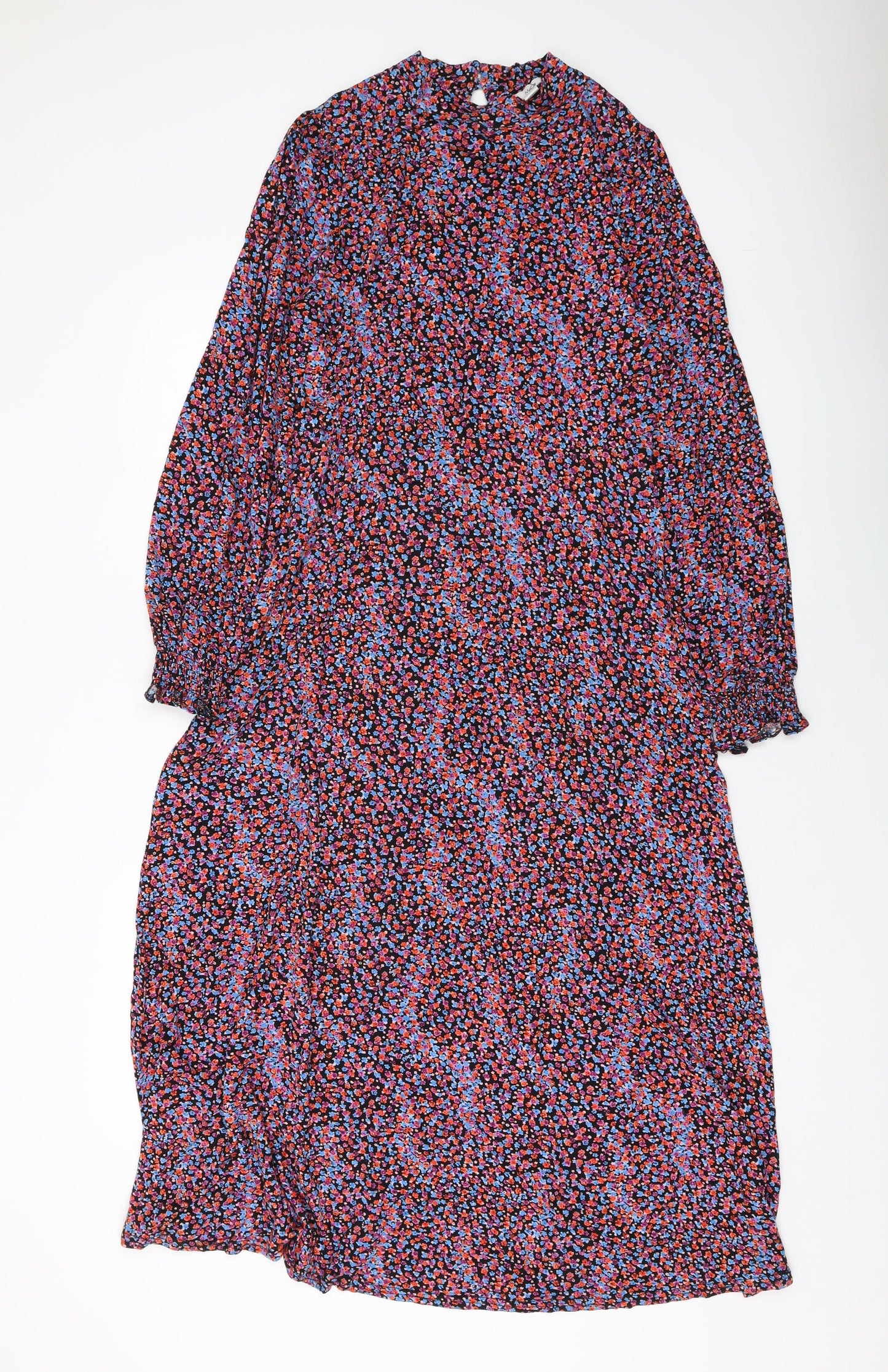 M&Co Womens Multicoloured Floral Polyester A-Line Size 12 Mock Neck Button
