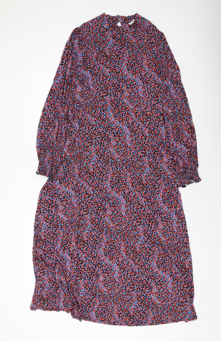 M&Co Womens Multicoloured Floral Polyester A-Line Size 12 Mock Neck Button