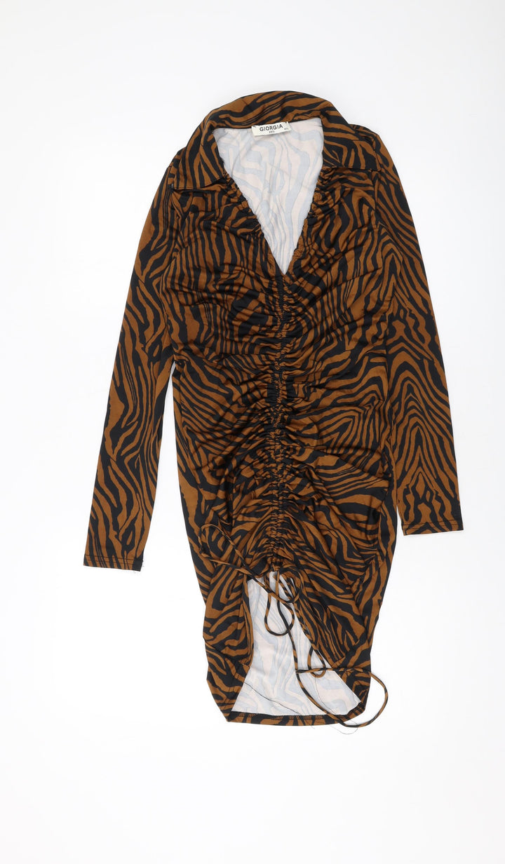 Giorgia Womens Brown Animal Print Polyester Bodycon Size M V-Neck Pullover