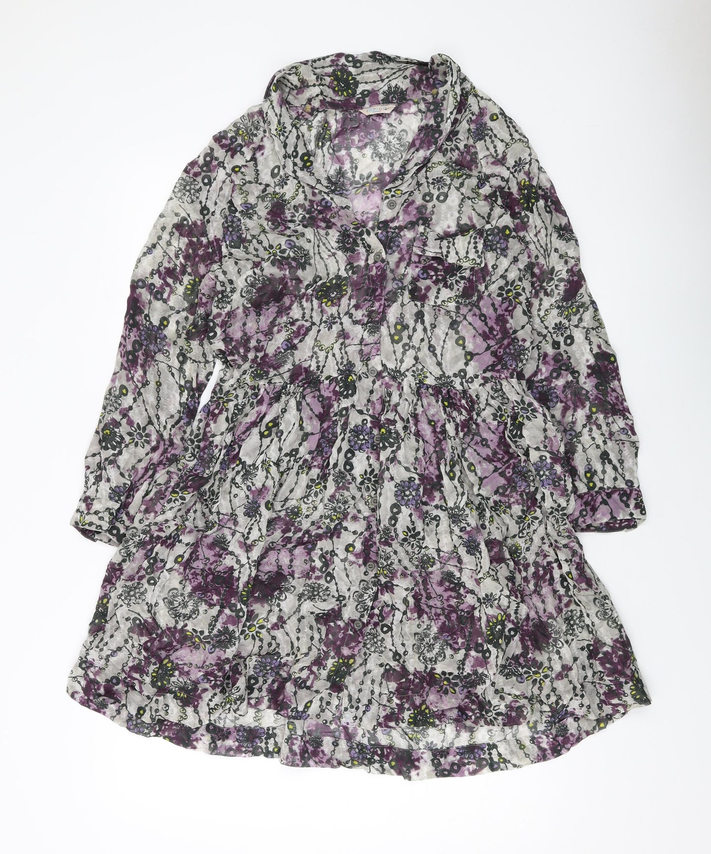 Indigo Womens Grey Floral Polyester A-Line Size 12 Collared Button