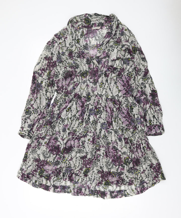 Indigo Womens Grey Floral Polyester A-Line Size 12 Collared Button