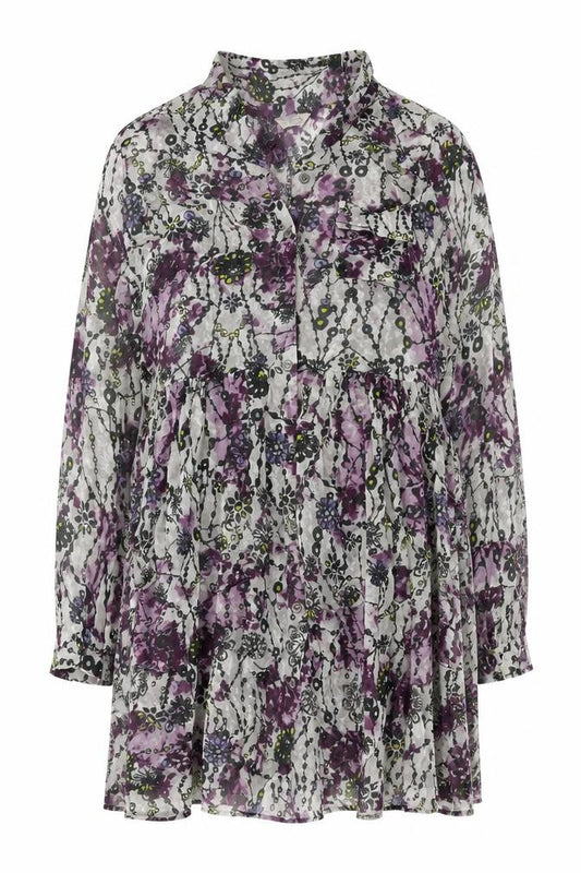 Front view of Indigo women’s grey floral polyester a-line, size UK 12, collared button