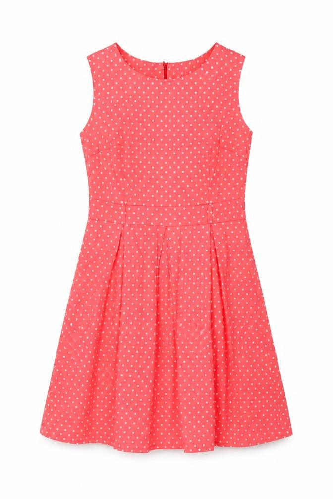 Front view of Apricot women’s pink polka dot polyester a-line, size UK 10, round neck zip