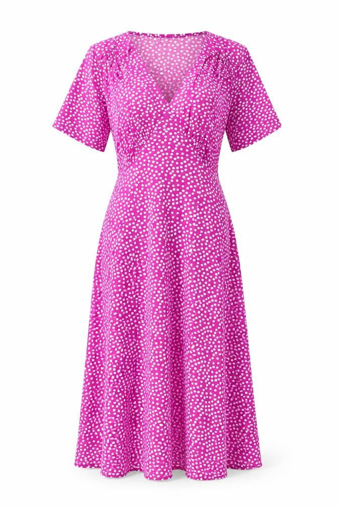 Front view of Amber women’s purple polka dot polyester a-line, size UK 12, round neck pullover