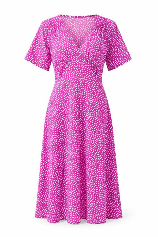 Front view of Amber women’s purple polka dot polyester a-line, size UK 12, round neck pullover