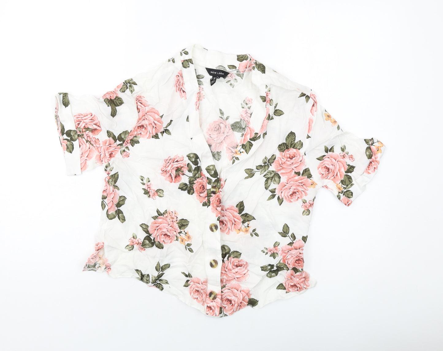 New Look Womens White Floral Viscose Basic Blouse Size 10 V-Neck