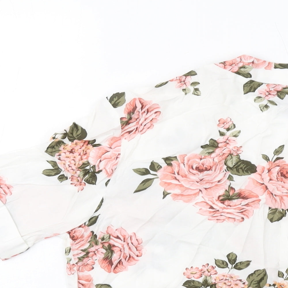 New Look Womens White Floral Viscose Basic Blouse Size 10 V-Neck