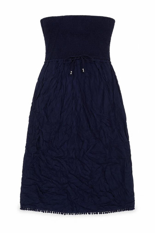 Front view of Marks & Spencer women’s blue viscose a-line, size UK 12, off the shoulder pullover