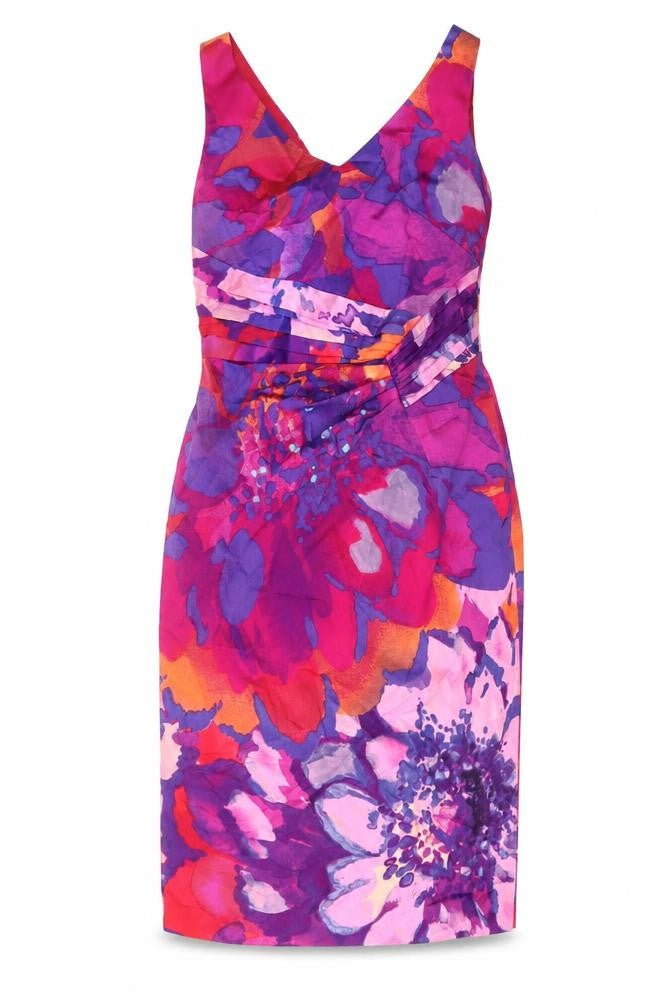 Front view of Coast women’s multicoloured geometric cotton sheath, size UK 10, v-neck zip
