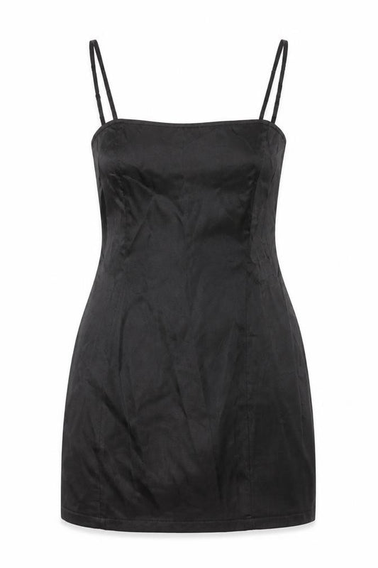 Front view of PRETTYLITTLETHING women’s black polyester mini, size UK 8, square neck zip