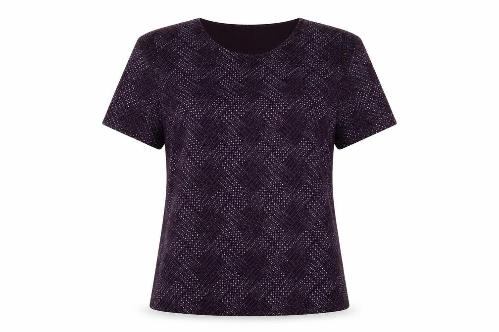 Front view of Fosby women’s purple geometric polyester basic t-shirt, size UK 14, round neck