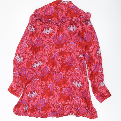 Zara Womens Red Geometric Polyester A-Line Size S Mock Neck Zip