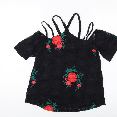 River Island Womens Black Floral Polyester Basic T-Shirt Size 8 V-Neck