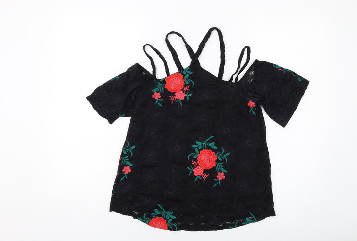 River Island Womens Black Floral Polyester Basic T-Shirt Size 8 V-Neck