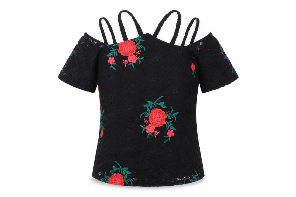 Front view of River Island women’s black floral polyester basic t-shirt, size UK 8, v-neck